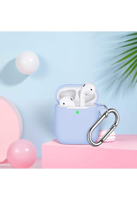 Earphone Case Cover, Soft Silicone Protective Cover with Keychain, Front LED Visible-Sky Blue
