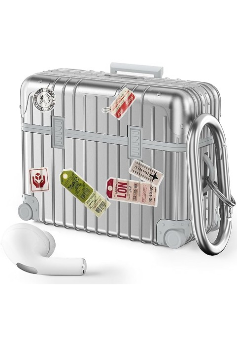 Case Cover with Keychain, Cute Suitcase Earphone Protective Case -Silver