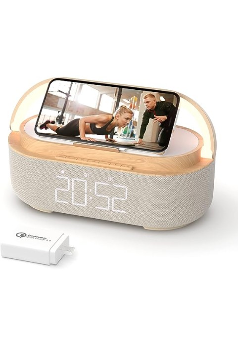 Bluetooth Speaker with Digital Alarm Clock, Wireless Charger, FM Clock Radio
