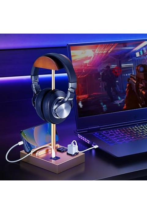 Headphone Stand Desktop Gaming Headset Holder with 2 AC Outlets and USB C&A Ports