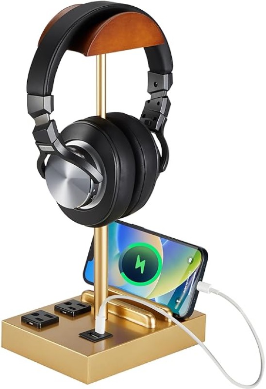 Headphone Stand Desktop Gaming Headset Holder with 2 AC Outlets and USB C&A Ports