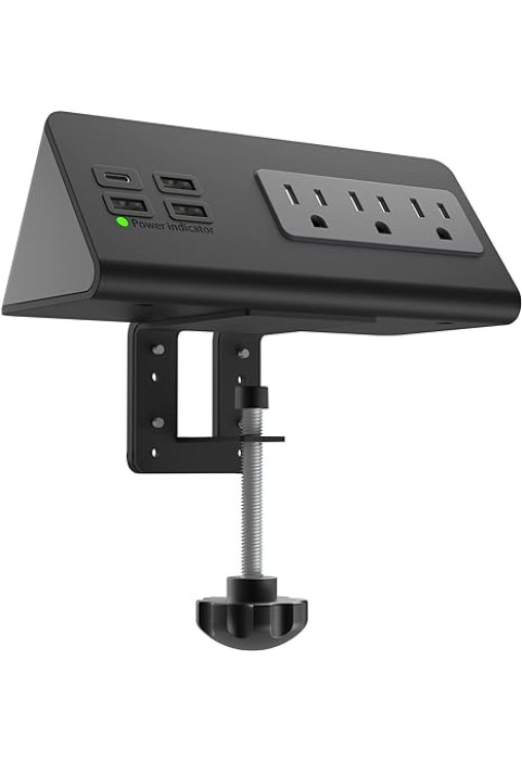Nightstand Edge Mount Power Strip with USB-C Ports Tabletop Surge Protector Desk Clamp Power Sockets with 3 AC Outlets &4 Fast Charging USB Ports