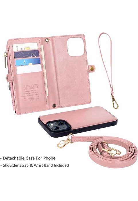 Wallet Case, Zipper Case with RFID Blocking Card Holder Slots for Women Men, Magnetic Detachable Leather Cover with Wristlet Strap